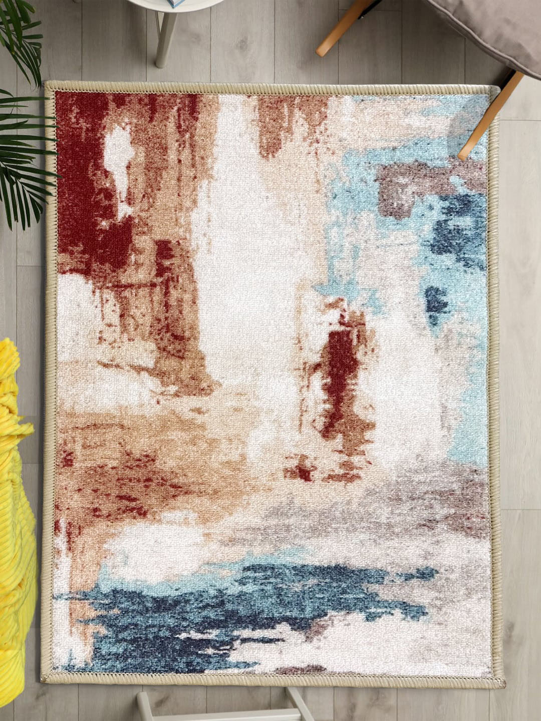 

URBAN SPACE Beige & Blue Printed Anti-Skid Carpet