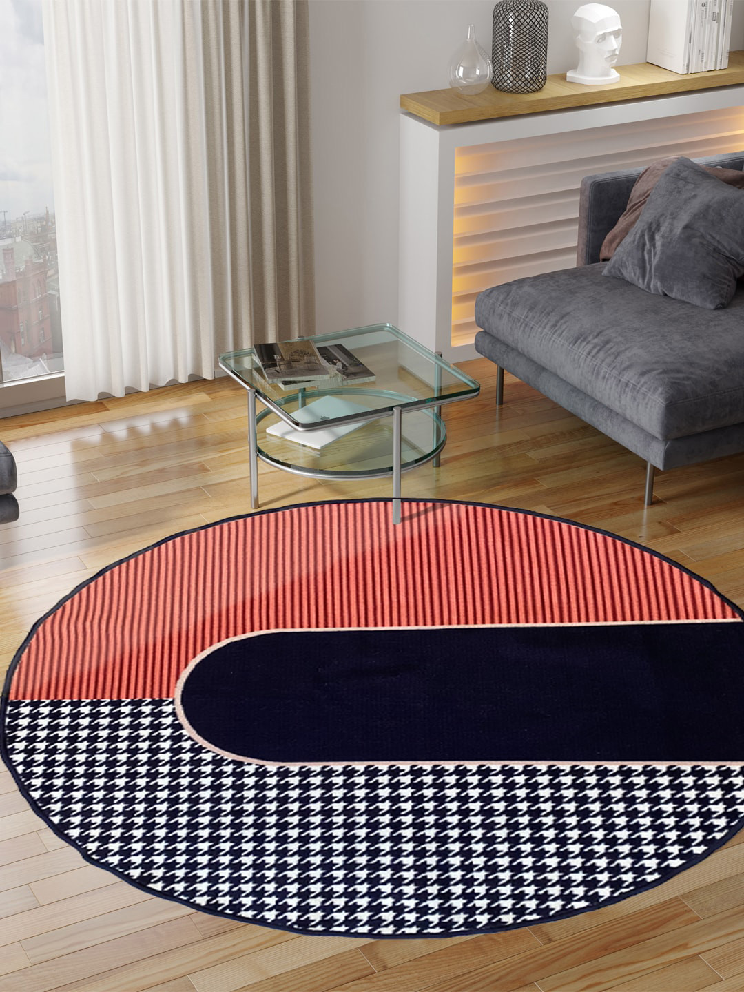 

URBAN SPACE Black & Orange-Colored Striped Anti-Skid Carpet