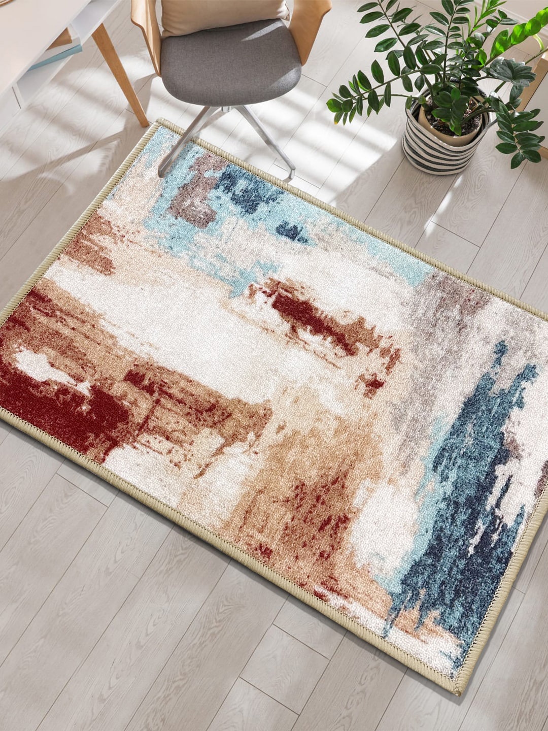 

URBAN SPACE Beige & Blue Abstract Printed Anti-Skid Carpet