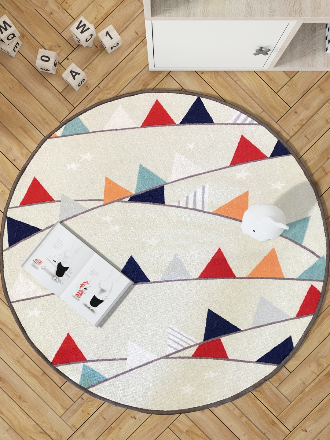 

URBAN SPACE Cream-Colored & Red Abstract Printed Anti-Skid Carpet