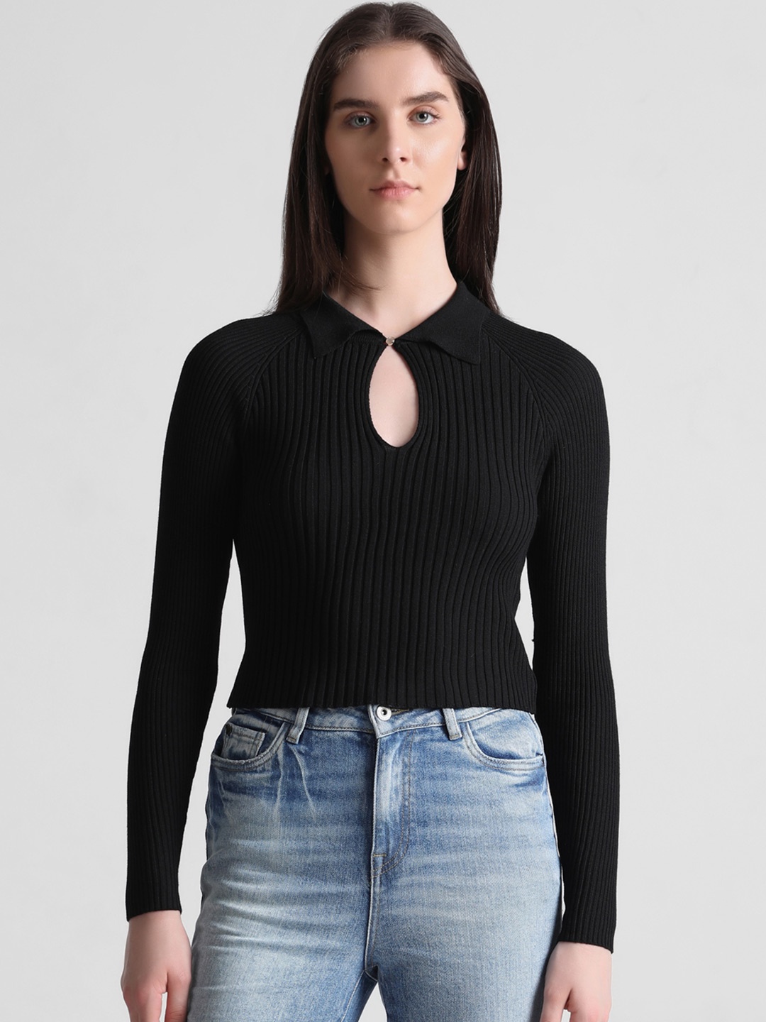 

ONLY Ribbed Keyhole Neck Knitted Regular Top, Black