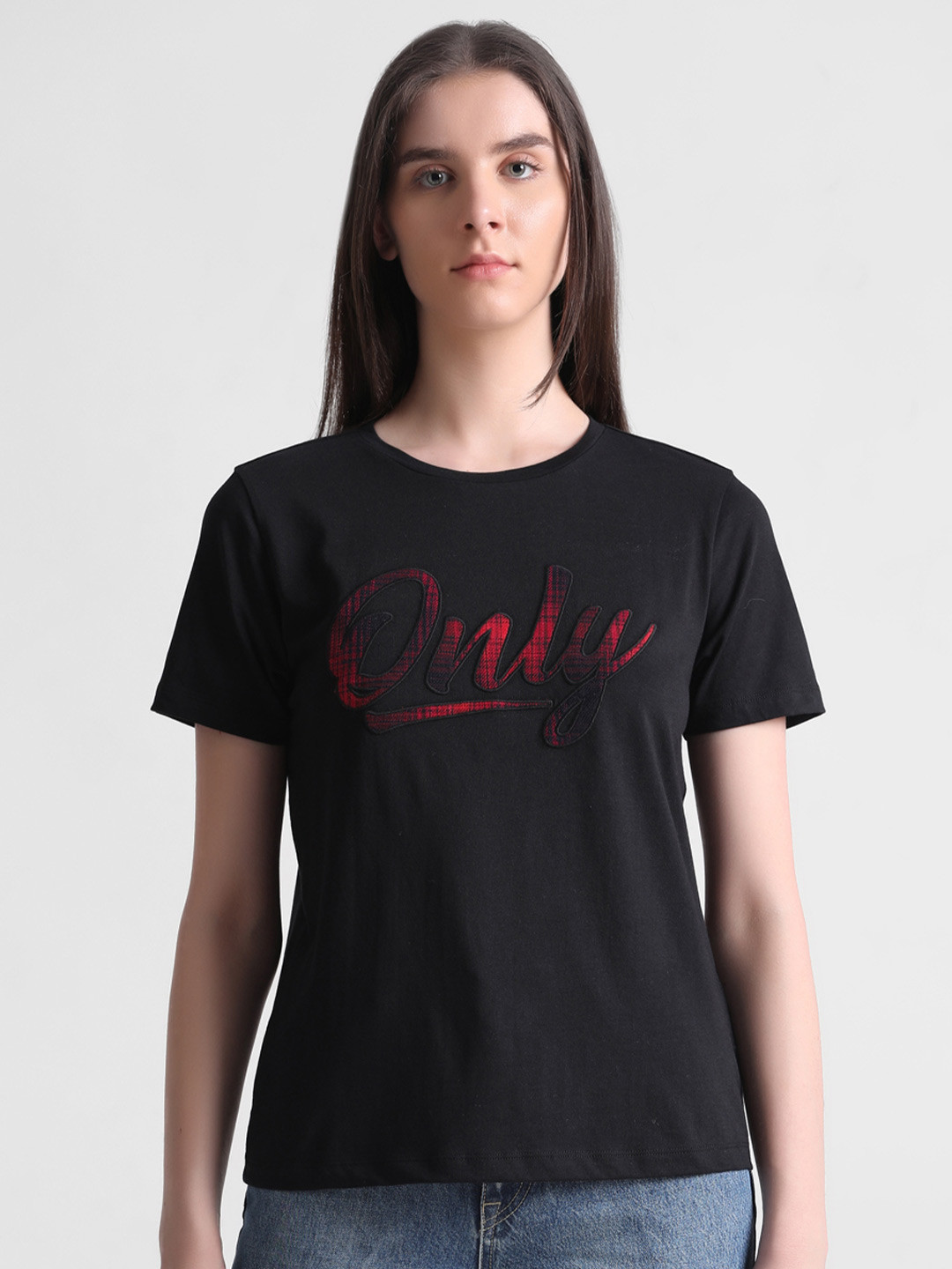 

ONLY Typography Applique Knitted Pure Cotton T-Shirt, Black