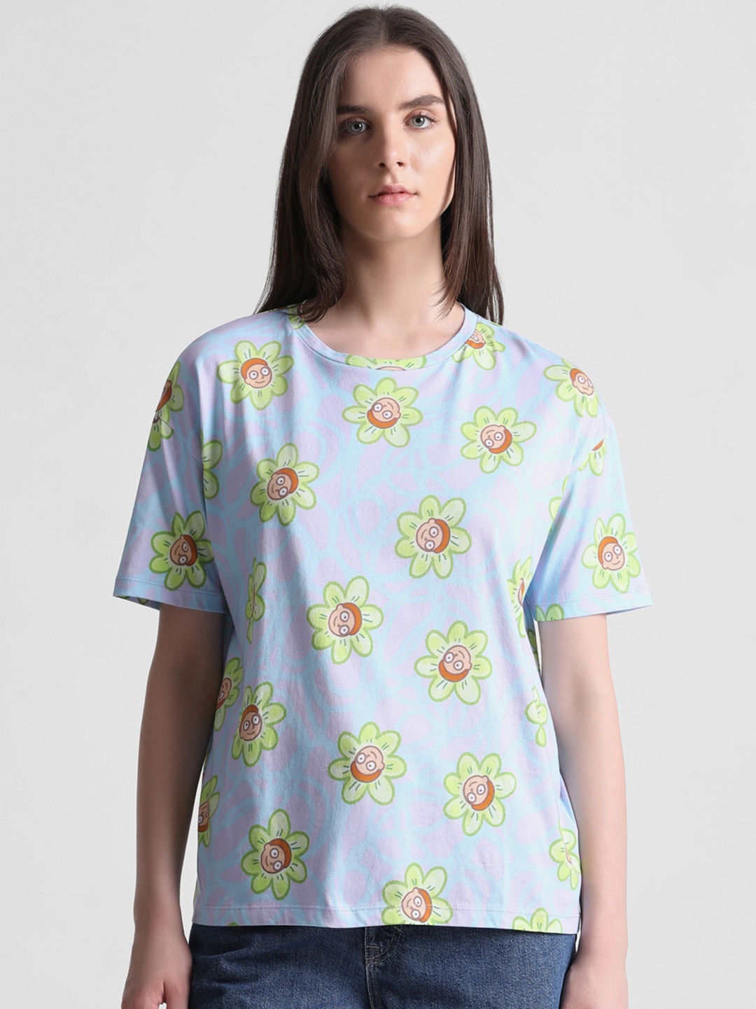 

ONLY Floral Printed Drop-Shoulder Sleeves Pure Cotton T-Shirt, Blue
