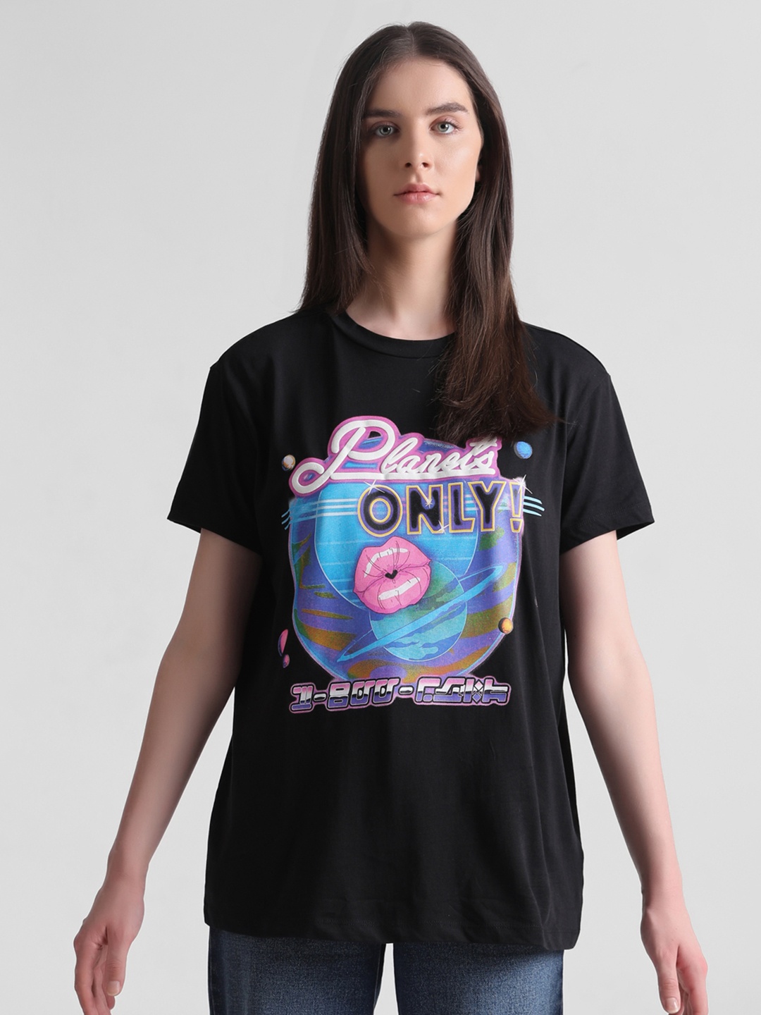 ONLY Graphic Printed Knitted Pure Cotton T-Shirt, Black