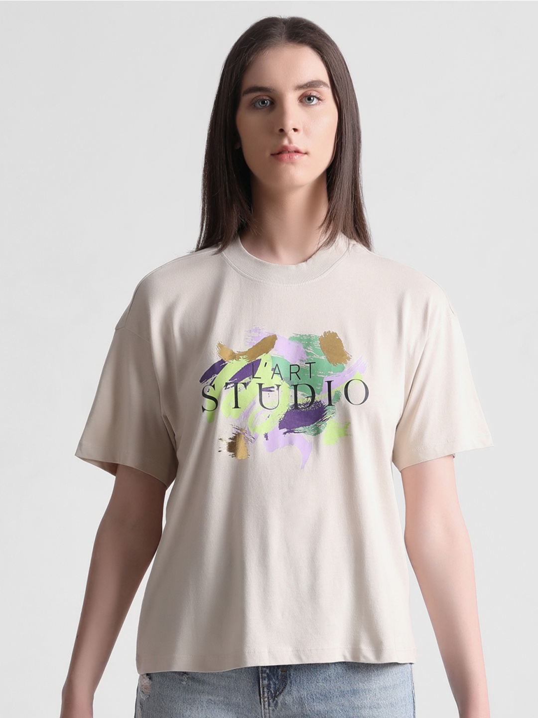 

ONLY Typography Printed Drop Shoulder Knitted Pure Cotton T-Shirt, Beige