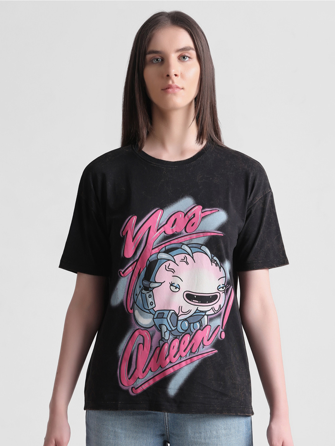 

ONLY Graphic Printed Drop Shoulder Knitted Pure Cotton T-Shirt, Black