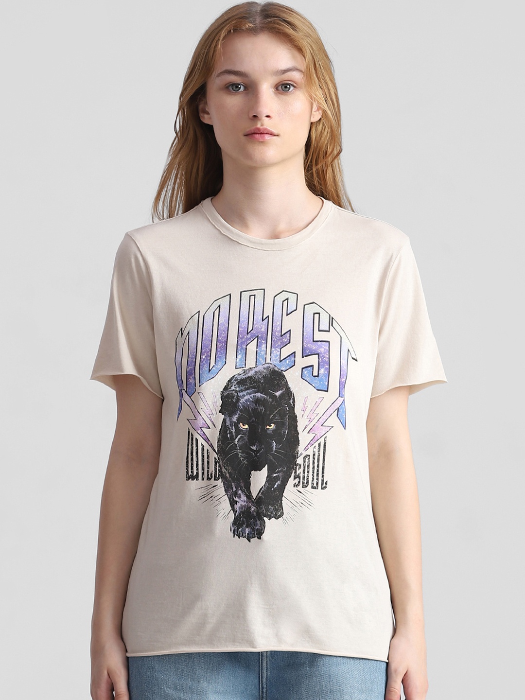 

ONLY Animal Printed Raw Edge Knitted Pure Cotton T-Shirt, Beige