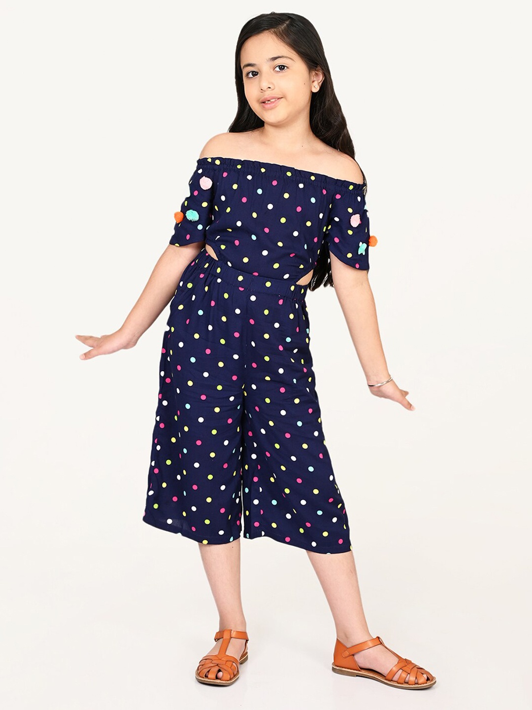 

LIL DRAMA Girls Polka Dots Off-Shoulder Printed Culotte Jumpsuit, Navy blue