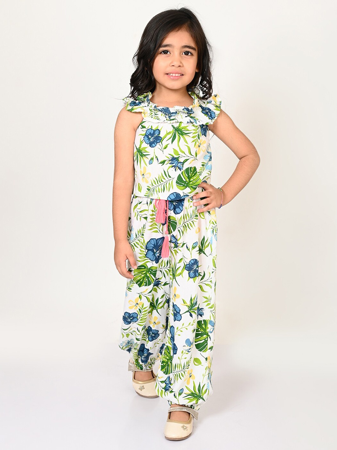 

LIL DRAMA Girls Floral Printed Ruffle Crop Top With Joggers, Green