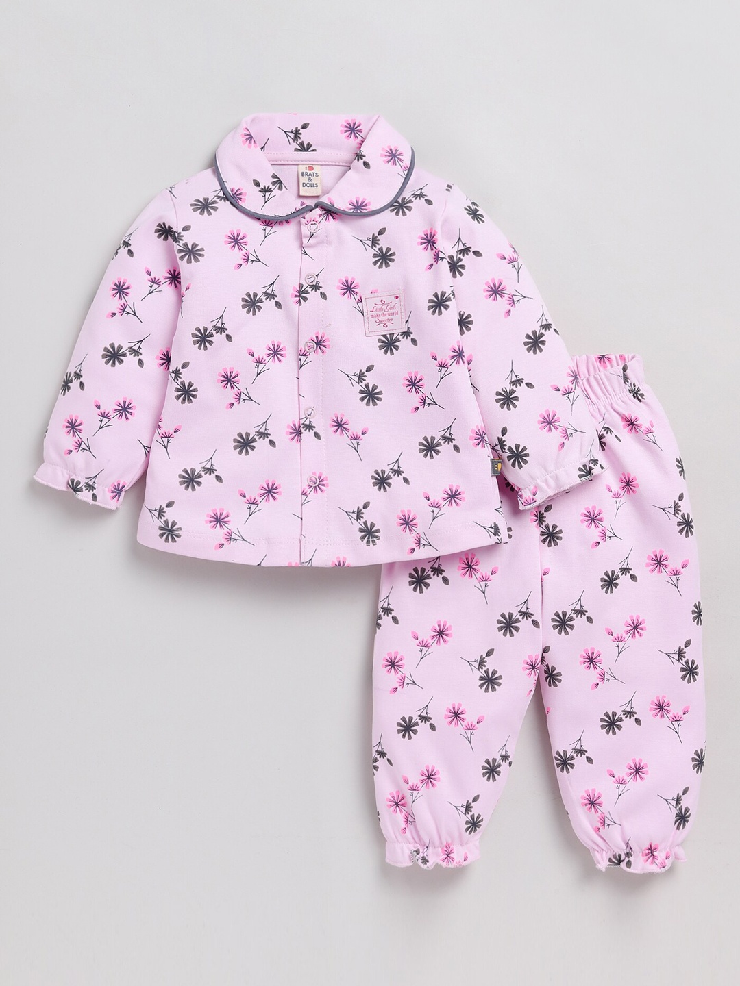 

BRATS AND DOLLS Girls Floral Printed Pure Cotton Night Suit, Pink