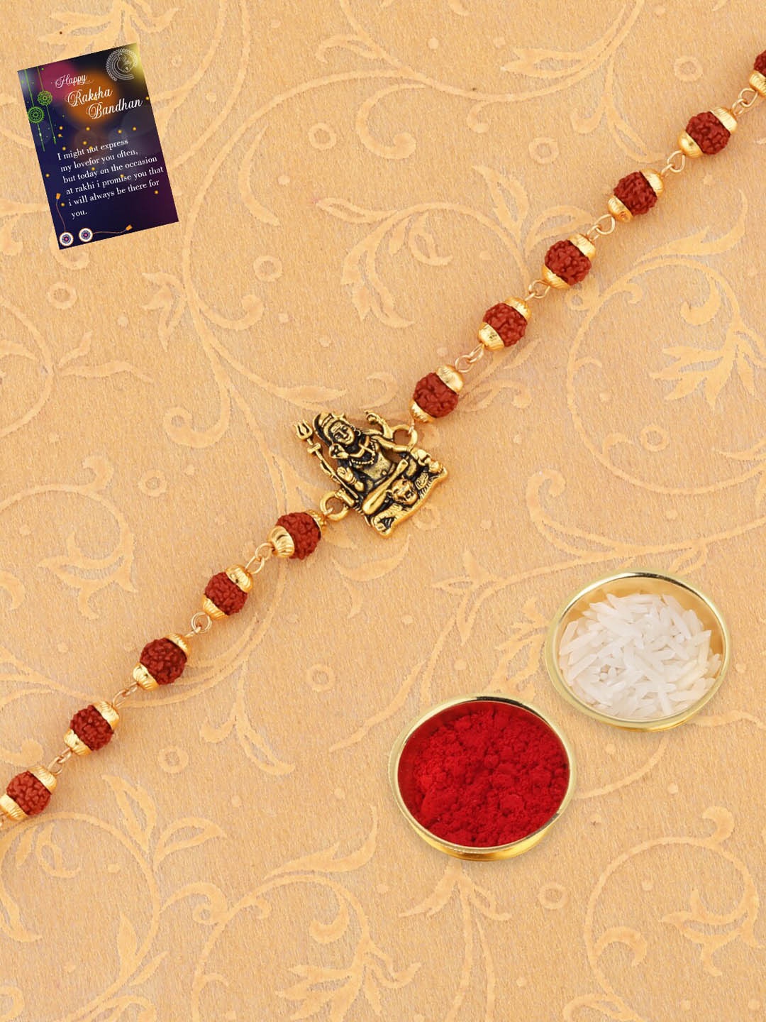 

Silver Shine Set Of 2 Shiv & Ganesh Om Rakhi With Roli Chawal & Greeting Card, Red