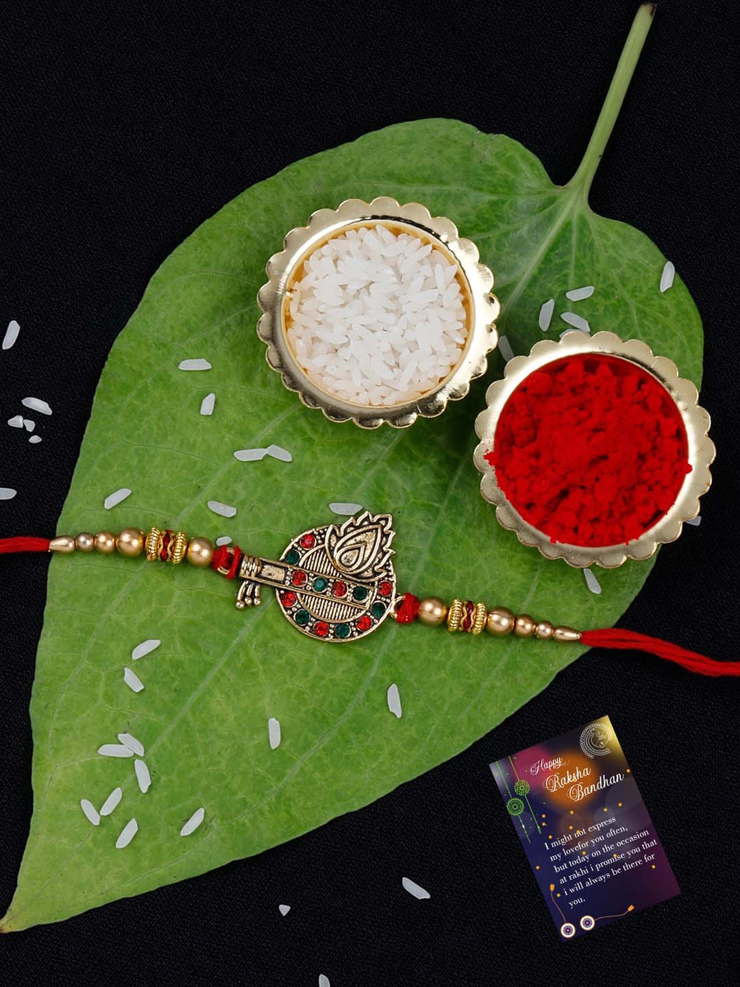 

Silver Shine Unisex Set Of 2 Charm-Studded Thread Rakhis With Greeting Card & Roli Chawal, Red
