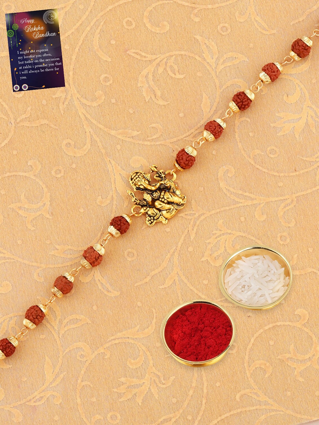 

Silver Shine Unisex Set Of 2 Charm-Studded Thread Rakhi With Greeting Card & Roli Chawal, Red