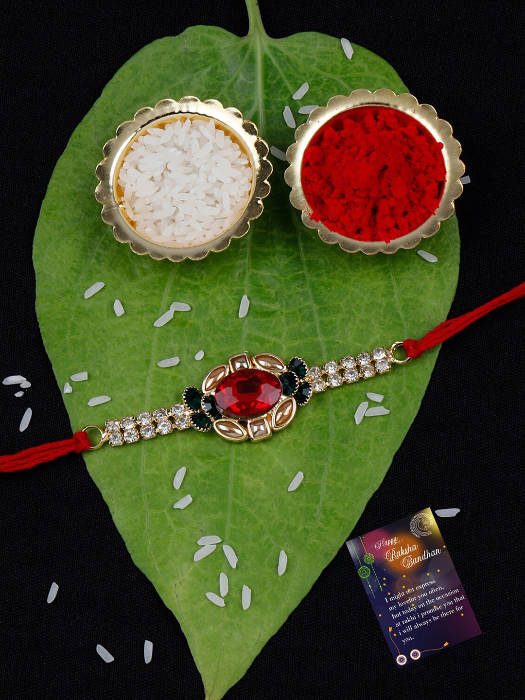 

Silver Shine Unisex Set Of 2 Beaded Thread Rakhi With Greeting Card & Roli Chawal, Red