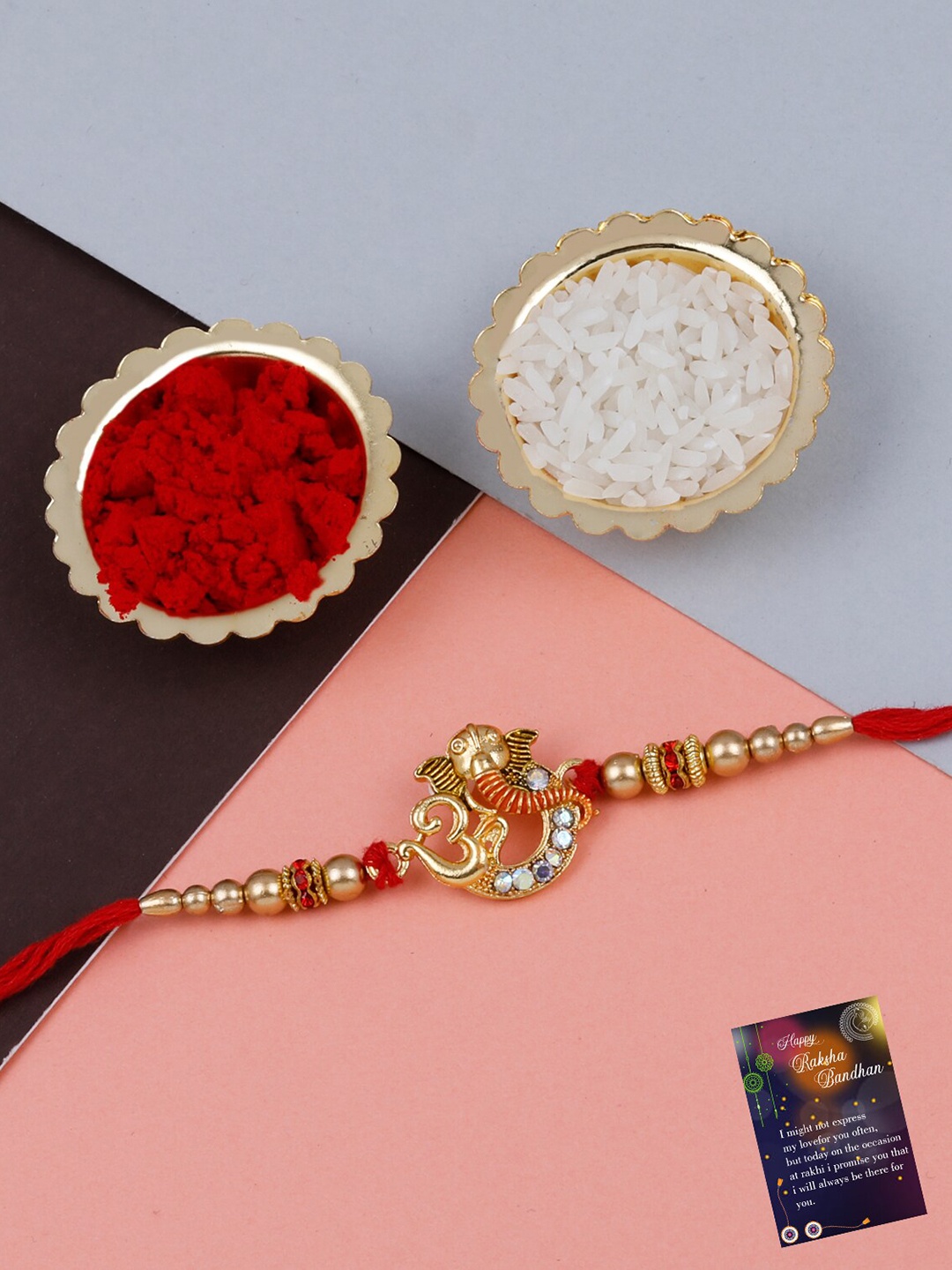 

Silver Shine Unisex Set Of 2 Rakhis With Roli Chawal & Greeting Card, Red