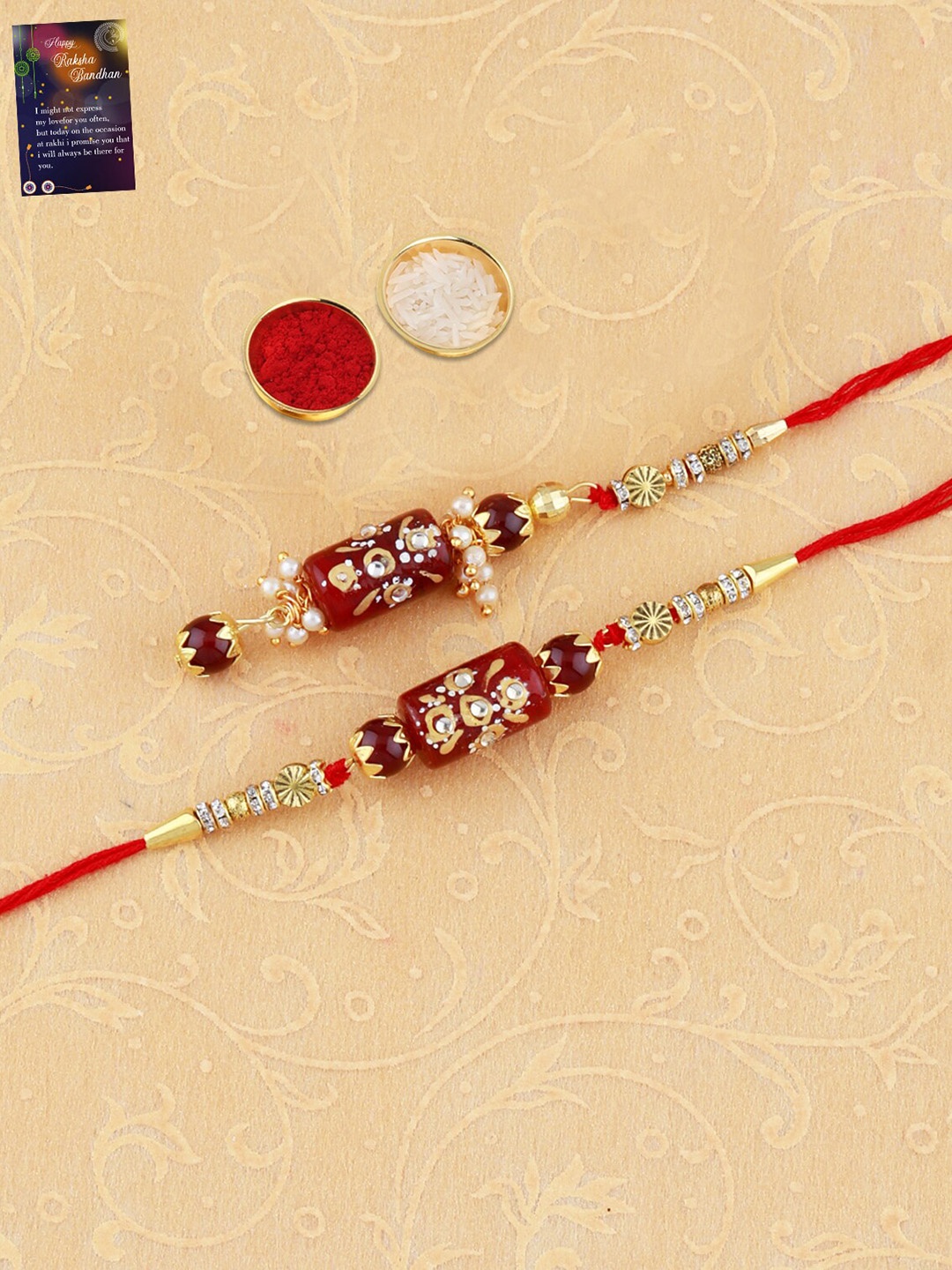 

Silver Shine Unisex Set Of 2 Stone-Studded & Beaded Rakhi, Gold