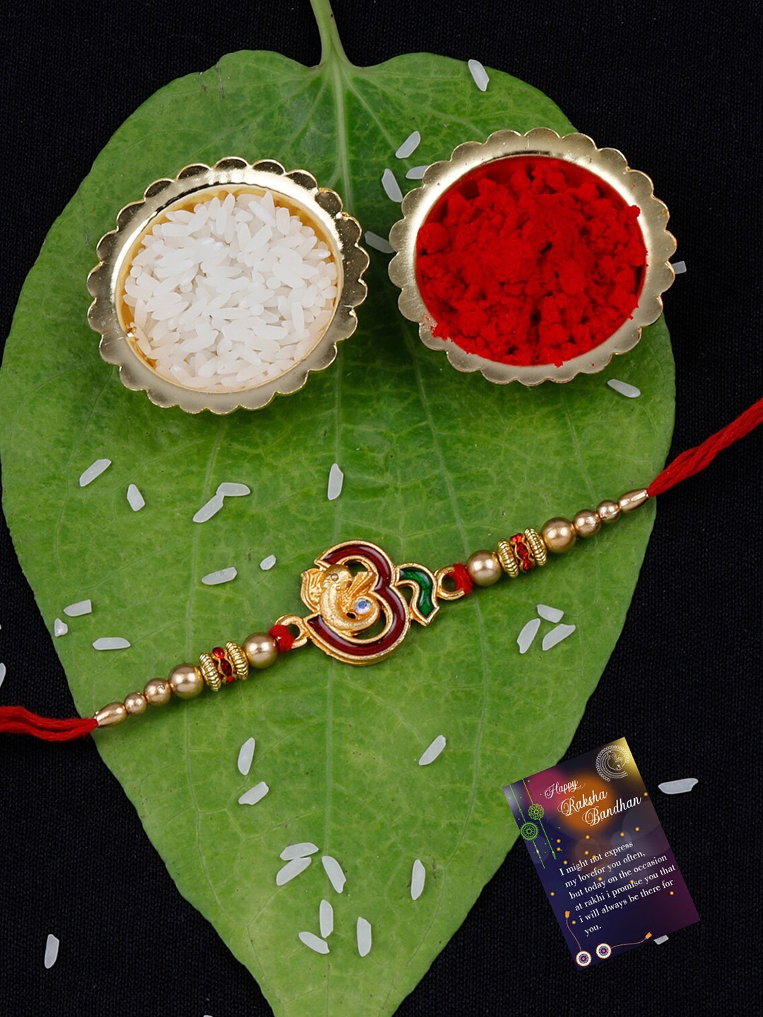 

Silver Shine Set Of 2 Stone-Studded & Beaded Rakhis With Roli Rice & Greeting Card, Red