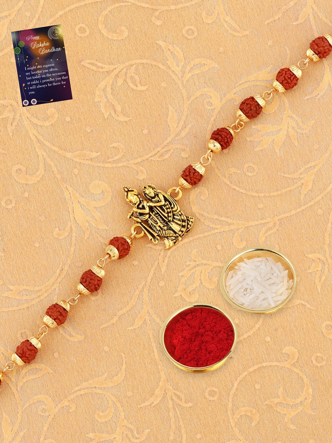 

Silver Shine Set Of 2 Stone-Studded & Beaded Rakhi With Roli Rice & Greeting Card, Multi