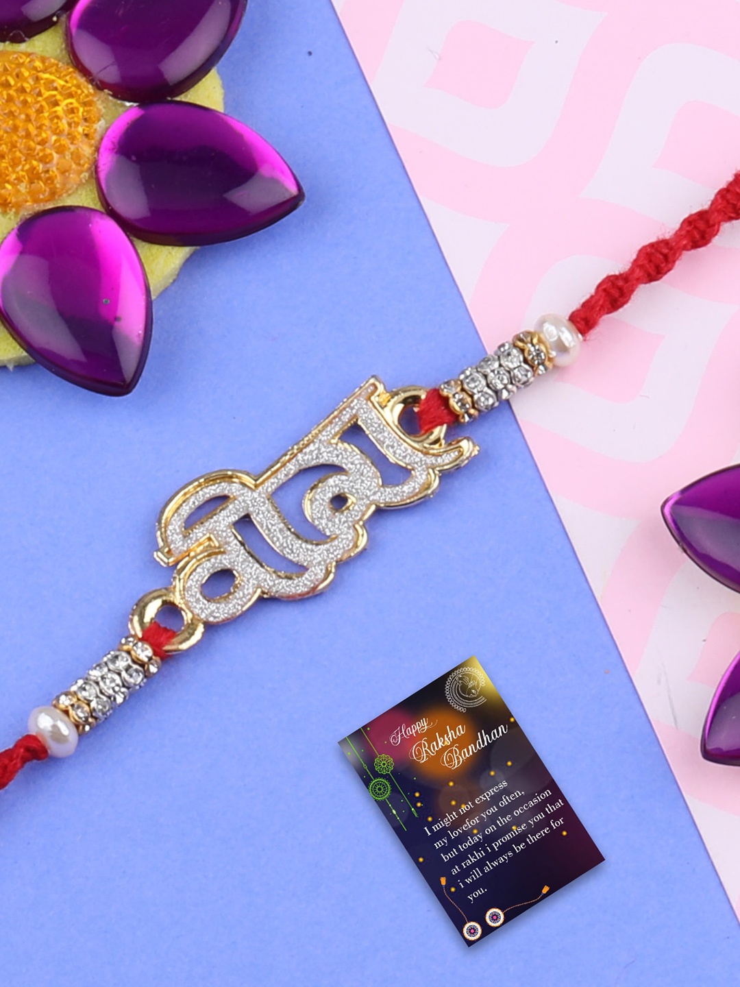 

Silver Shine Set Of 2 Charm Rakhis With Roli Chawal & Greeting Card, Red