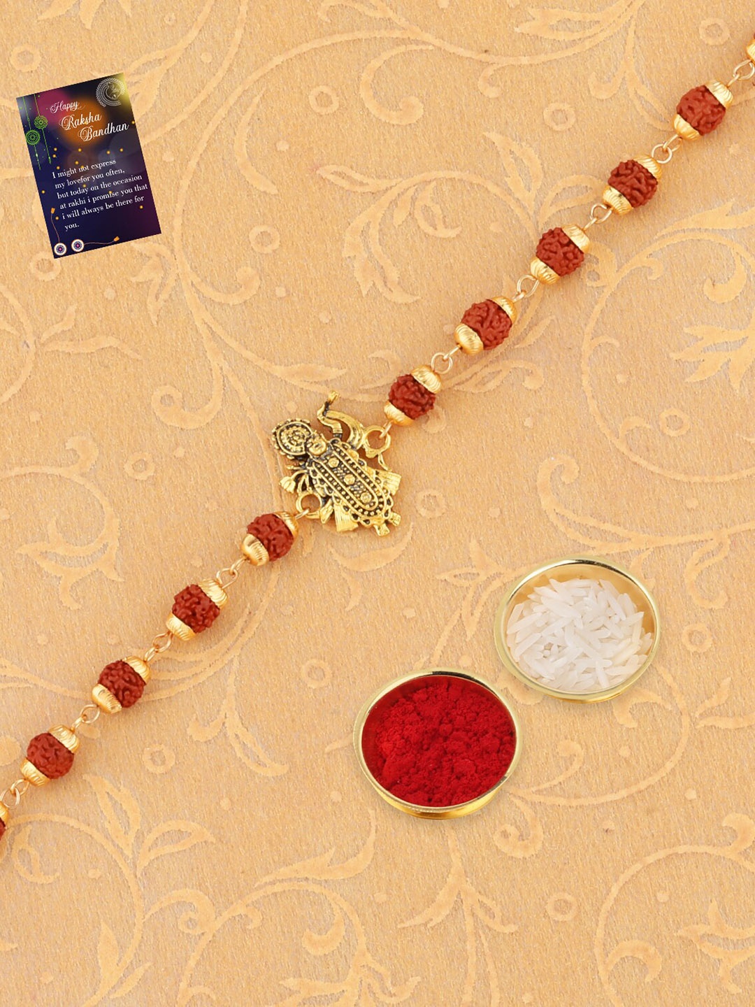 

Silver Shine Set Of 2 Kali Maa & Stone Charm Rakhi With Roli Chawal & Greeting Card, Red