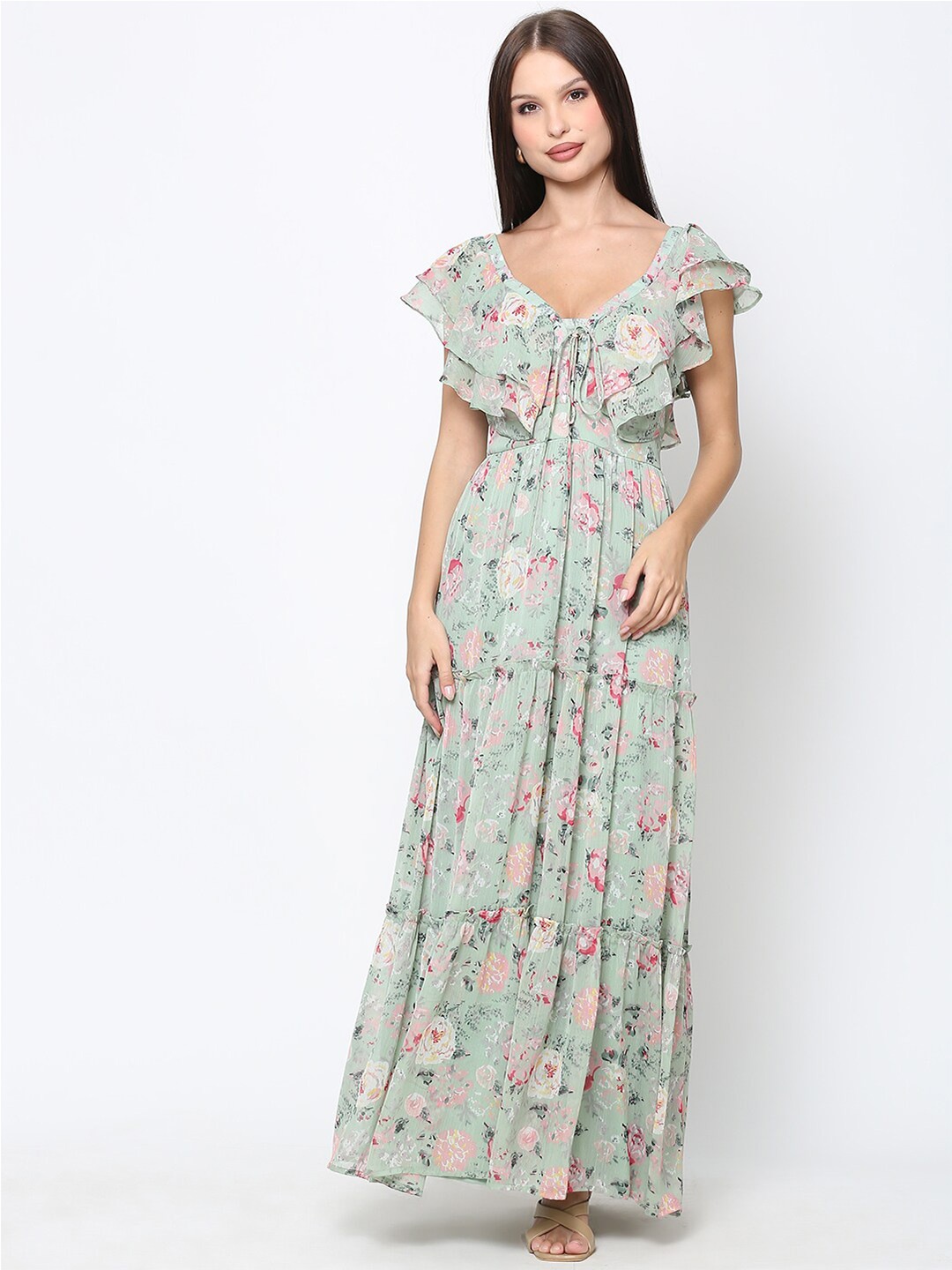 

DRIRO Floral Printed Tiered Detailed V-Neck Flutter Sleeve Maxi Dress, Green