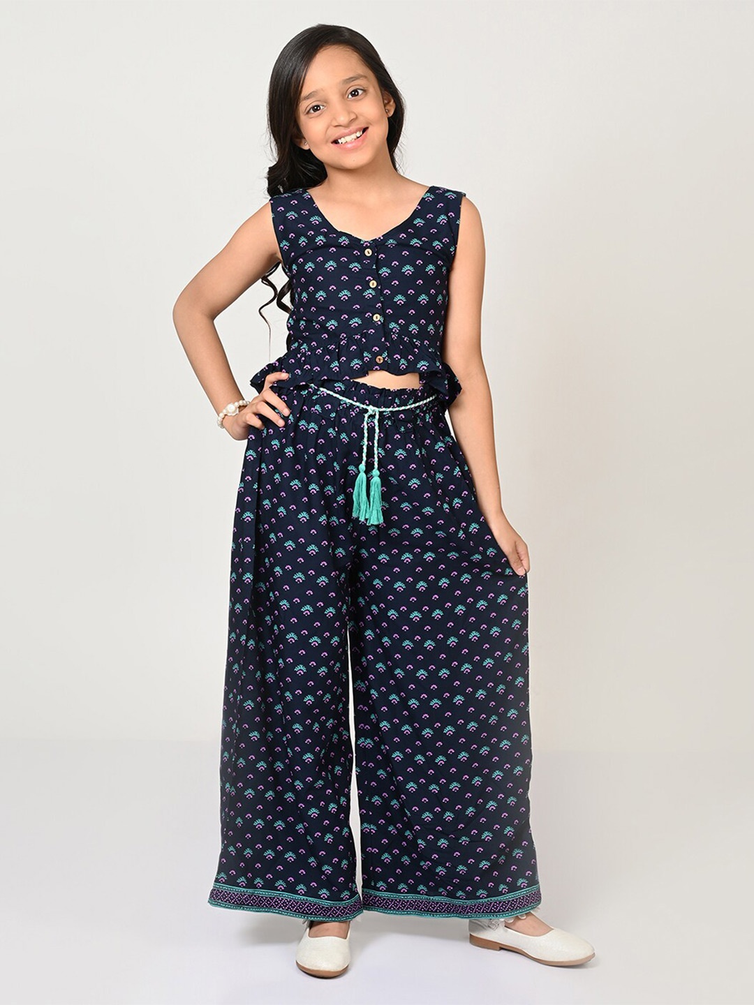 

LIL DRAMA Girls Printed V-Neck Top with Palazzos, Navy blue