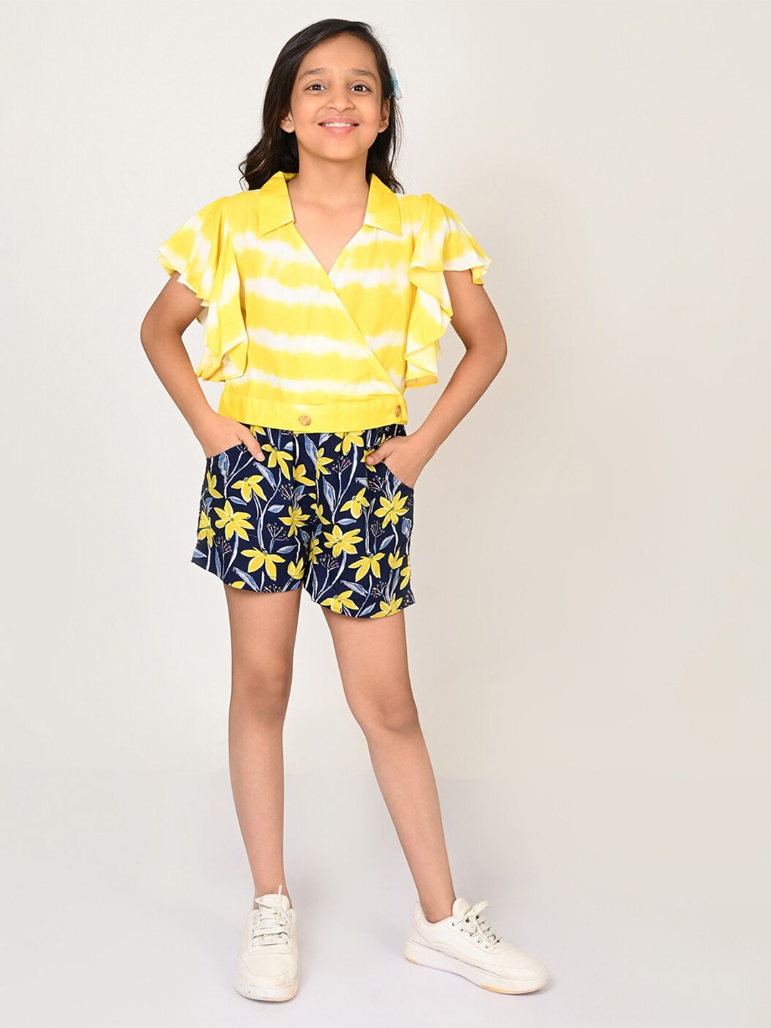 

LIL DRAMA Girls Yellow & Black Printed Top with Shorts