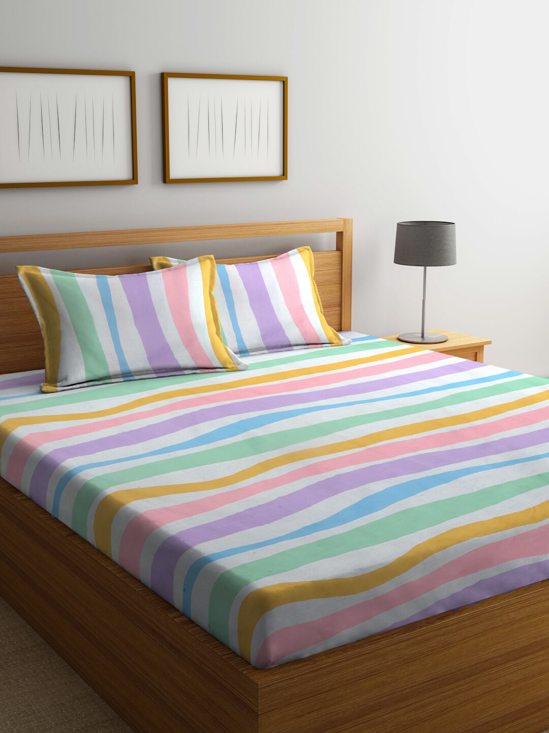 

Arrabi Purple & Yellow Striped 300 TC King Bedsheet with 2 Pillow Covers