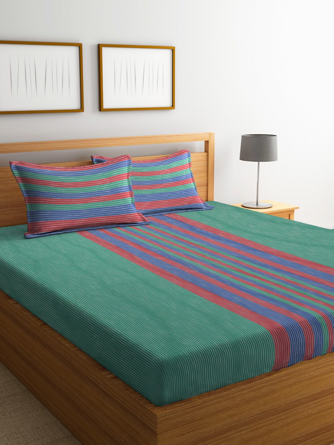 

Arrabi Green & Red Striped Cotton 300 TC King Bedsheet with 2 Pillow Covers
