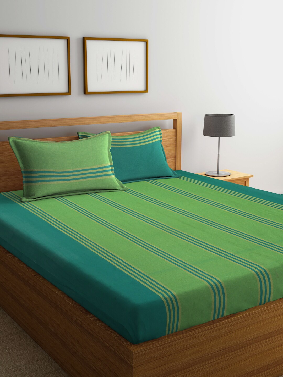 

Arrabi Green Striped Cotton 300 TC King Bedsheet with 2 Pillow Covers