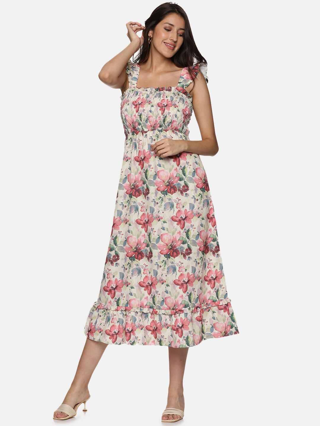 

ISU Floral Printed Square Neck Flutter Sleeves Fit & Flare Midi Dress, Beige