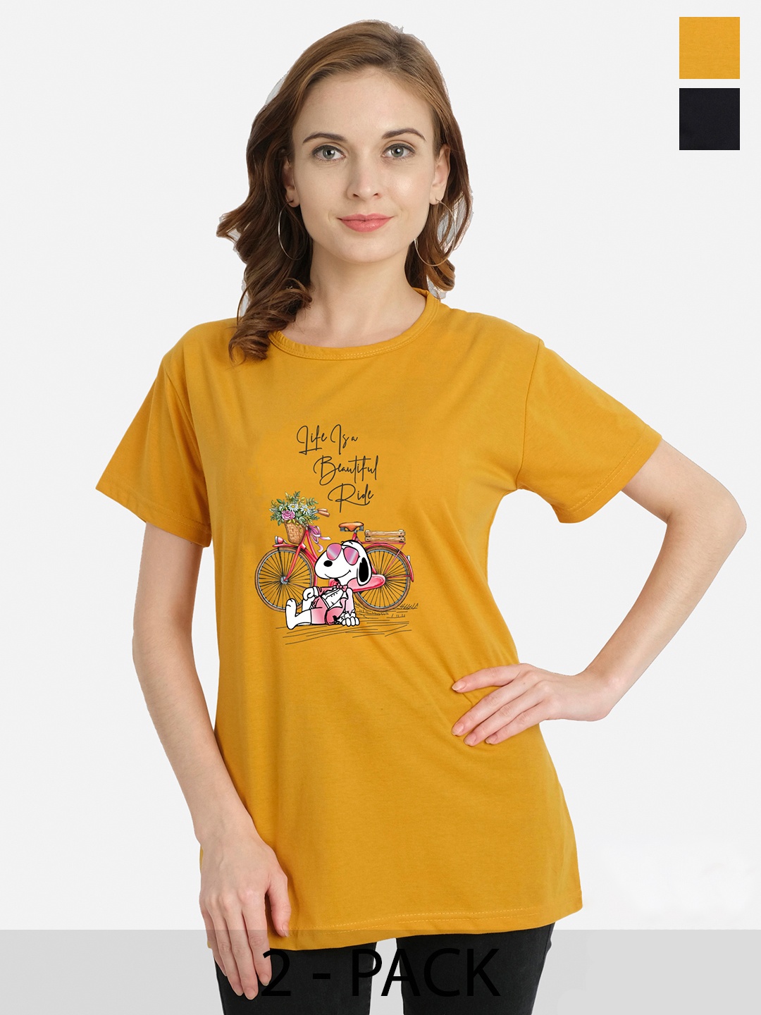 

CHOZI Pack Of 2 Graphic Printed Cotton T-shirt, Mustard