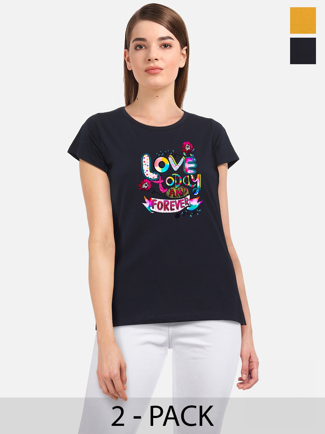 

CHOZI Pack Of 2 Typography Printed Cotton T-shirt, Black