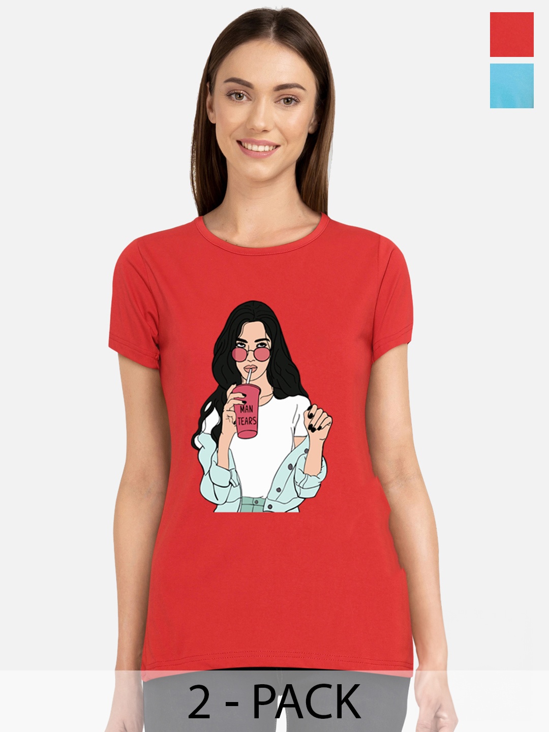

CHOZI Pack Of 2 Graphic Printed Round Neck Cotton Regular Fit T-shirt, Red
