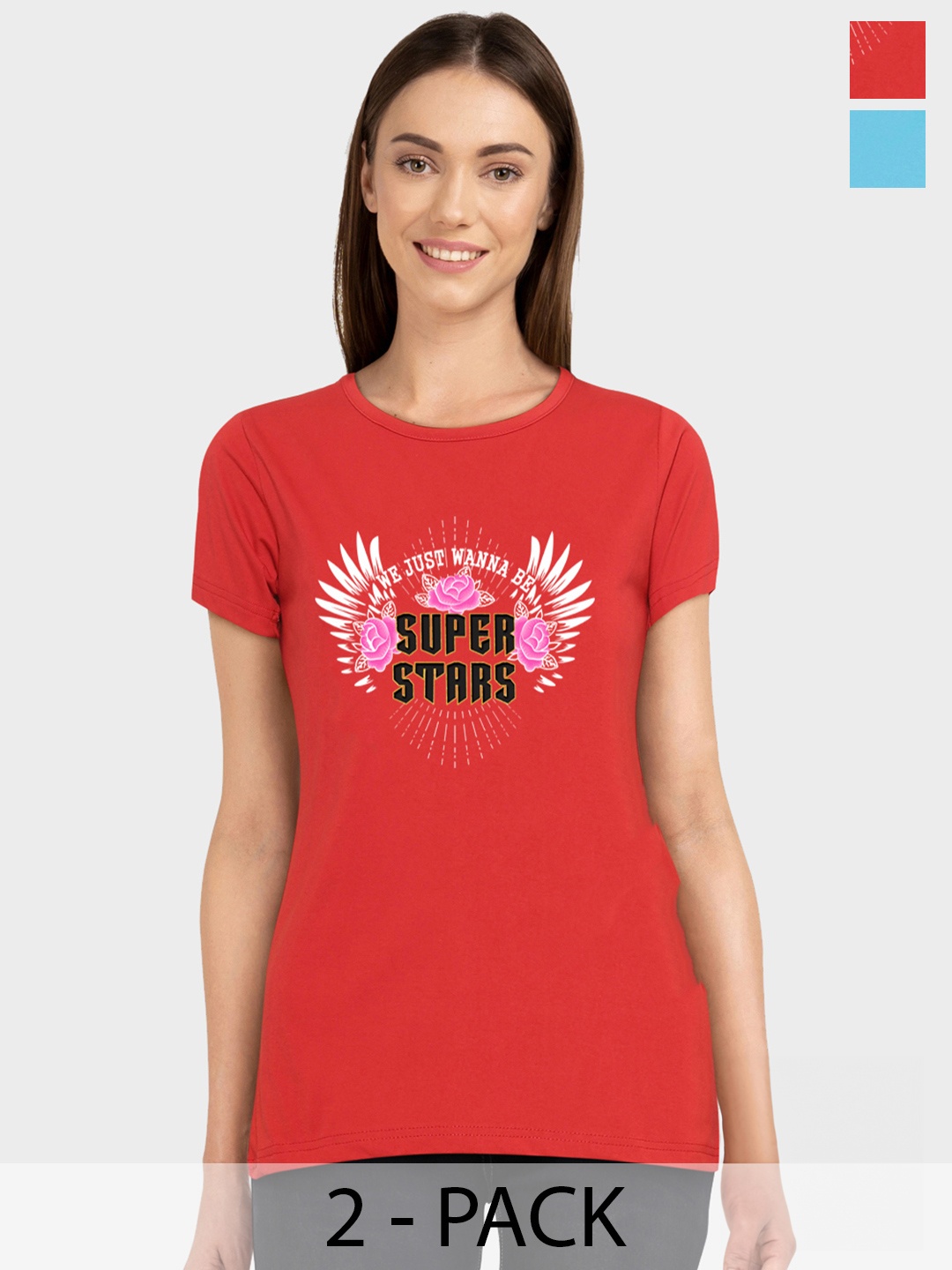 

CHOZI Pack Of 2 Typography Printed Cotton T-shirt, Red