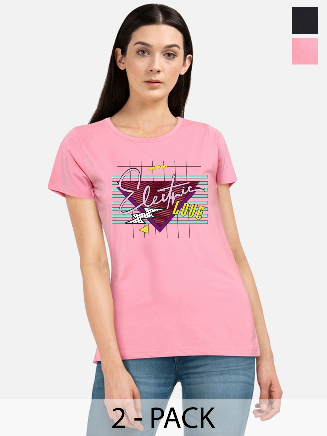 

CHOZI Pack Of 2 Typography Printed Cotton T-shirt, Pink