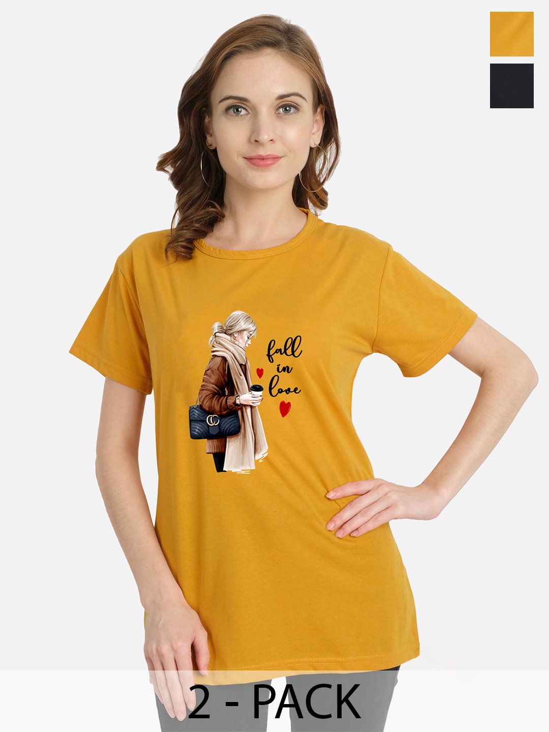 

CHOZI Pack of 2 Graphic Chest Printed Cotton T-shirt, Mustard