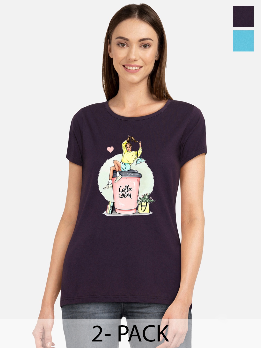 

CHOZI Pack of 2 Graphic Chest Printed Cotton T-shirt, Turquoise blue