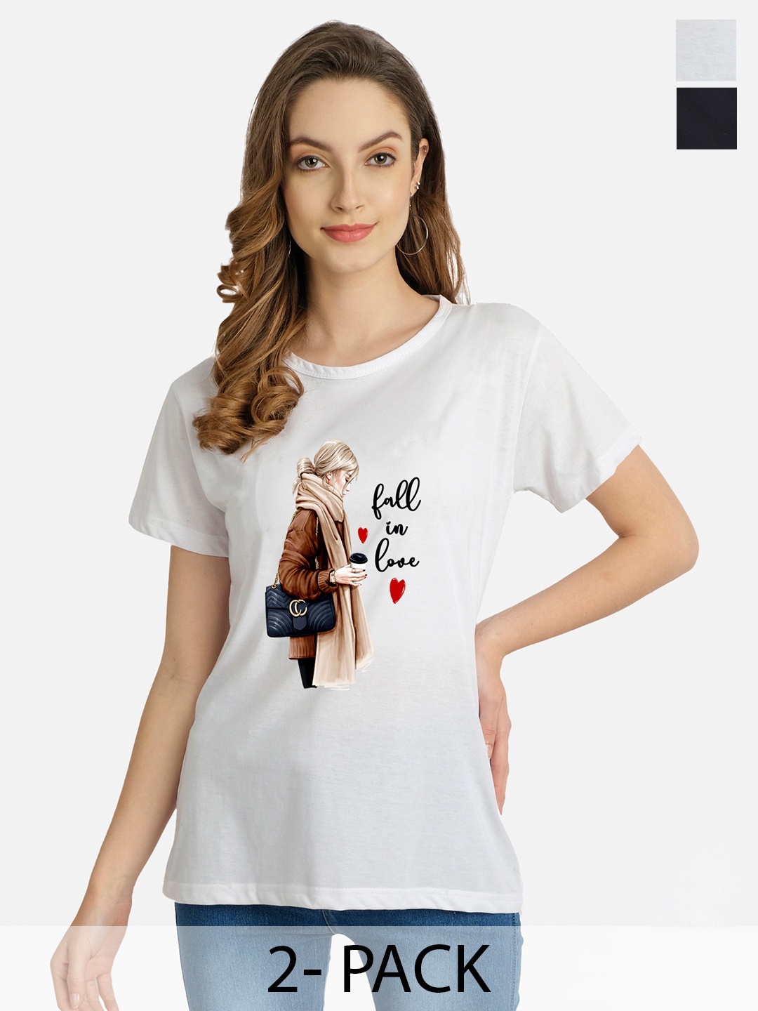 

CHOZI Pack of 2 Graphic Chest Printed Round Neck Cotton T-shirts, White
