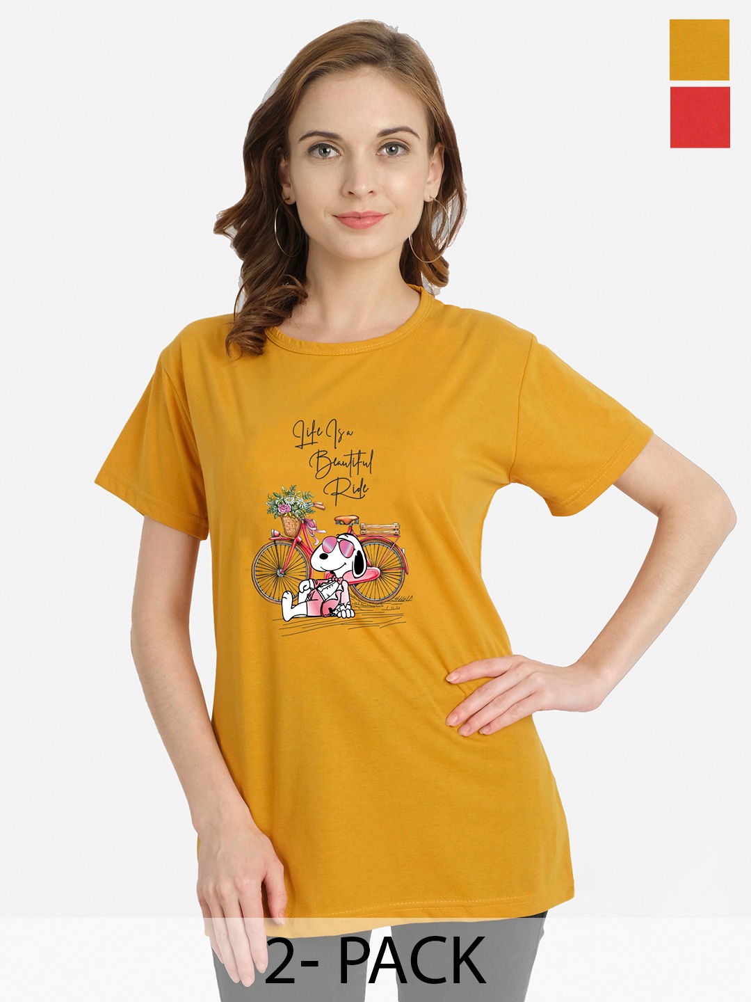 

CHOZI Pack Of 2 Graphic Printed Round Neck Cotton Regular Fit T-shirt, Mustard