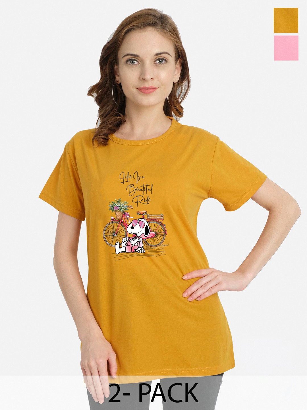 

CHOZI Pack Of 2 Graphic Printed Round Neck Cotton Regular Fit T-shirt, Mustard
