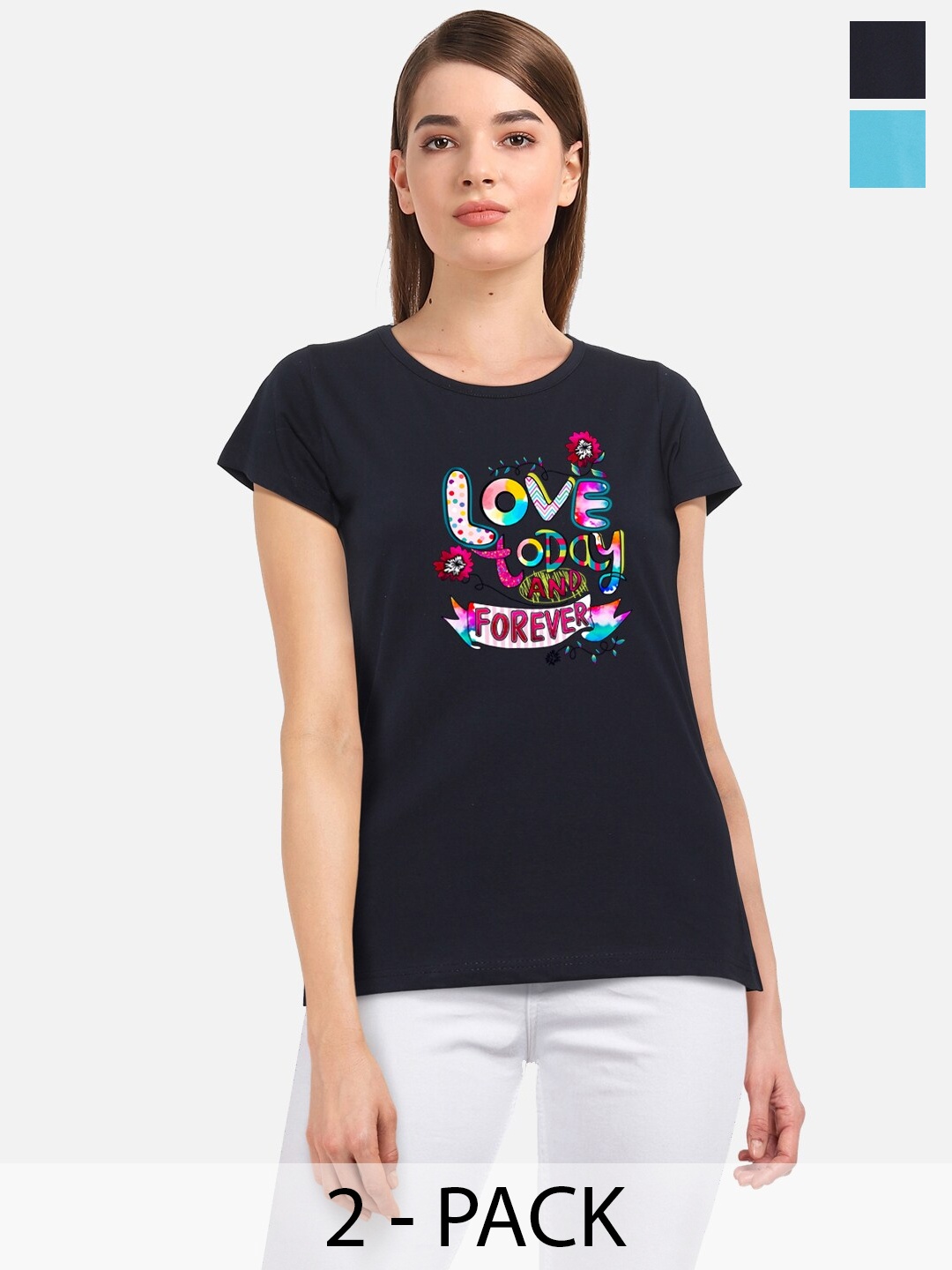 

CHOZI Pack Of 2 Typography Printed Round Neck Cotton Regular Fit T-shirt, Navy blue