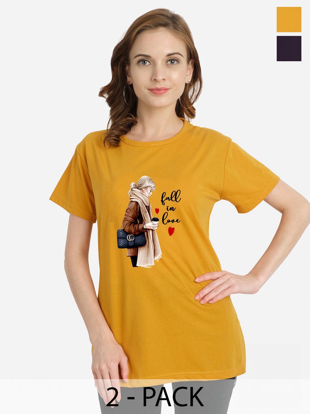 CHOZI Pack Of 2 Typography Printed Cotton T-shirts, Mustard