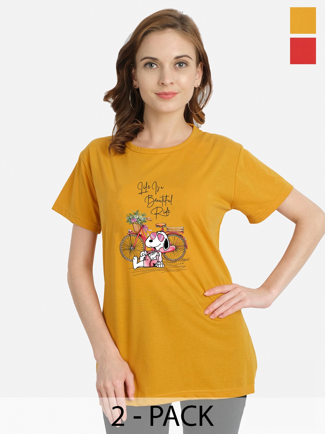 

CHOZI Round Neck Pack Of 2 Graphic Printed Cotton T-shirt, Mustard