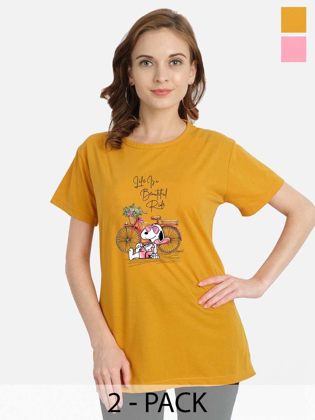

CHOZI Women Round Neck pack Of 2 Graphic Printed Cotton T-shirt, Mustard