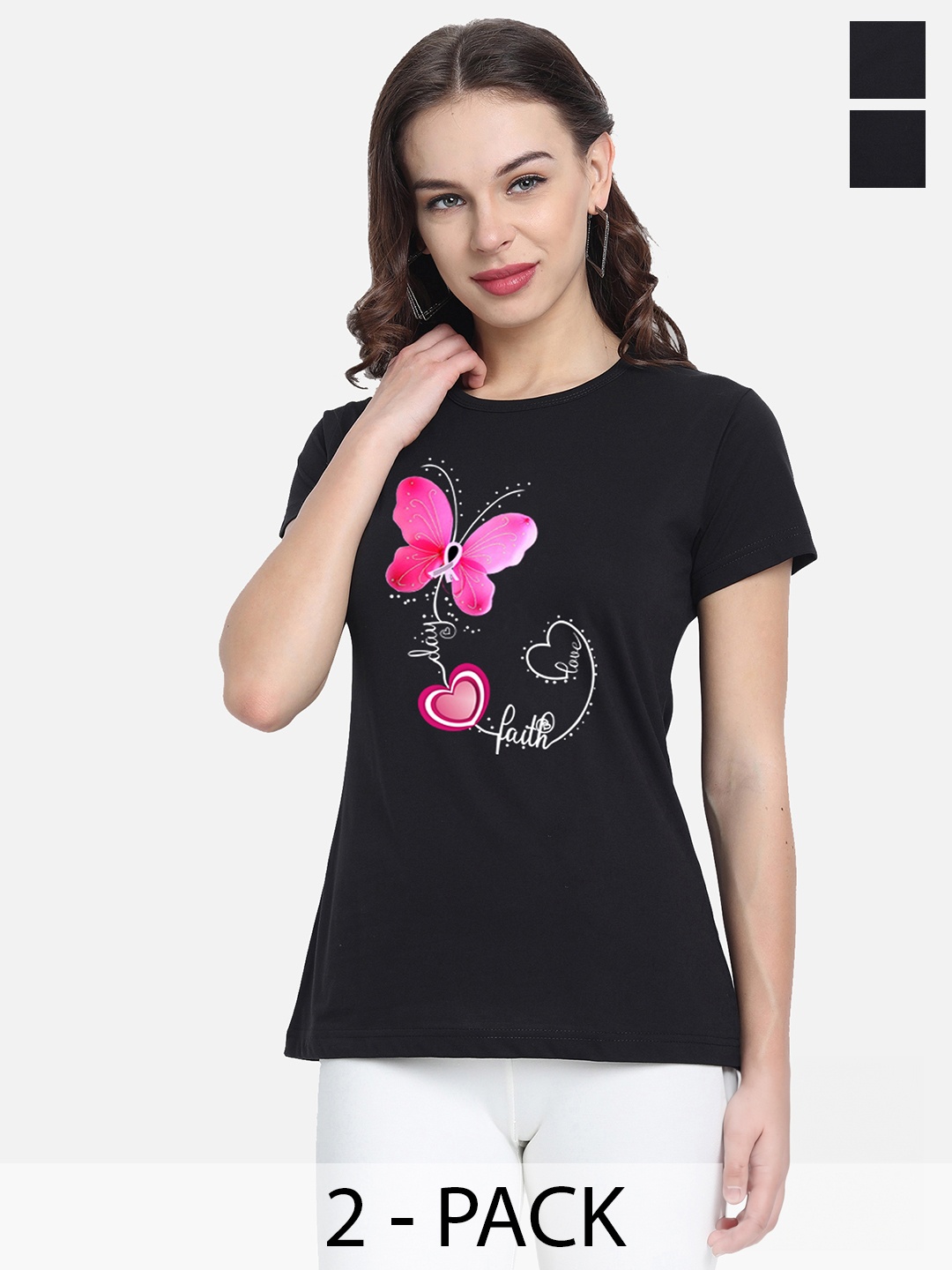 

CHOZI Round Neck Pack Of 2 Graphic Printed Cotton T-shirt, Black