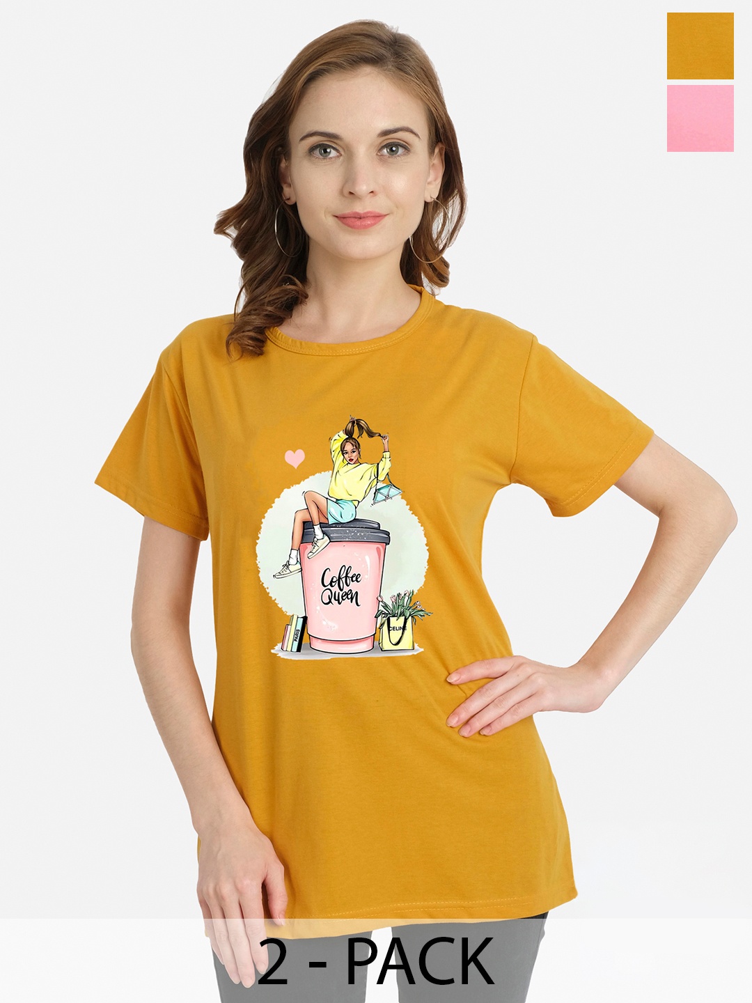 

CHOZI Pack Of 2 Graphic Printed Cotton T-shirt, Pink