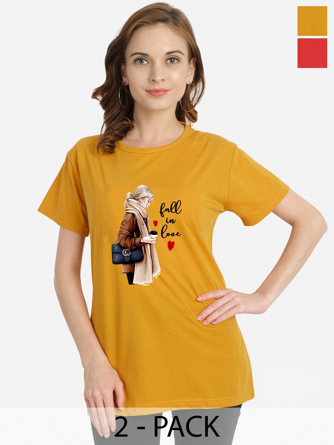 

CHOZI Pack Of 2 Graphic Printed Cotton T-shirt, Mustard