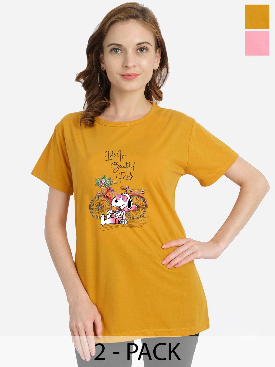 

CHOZI Pack Of 2 Graphic Printed Cotton T-shirt, Mustard