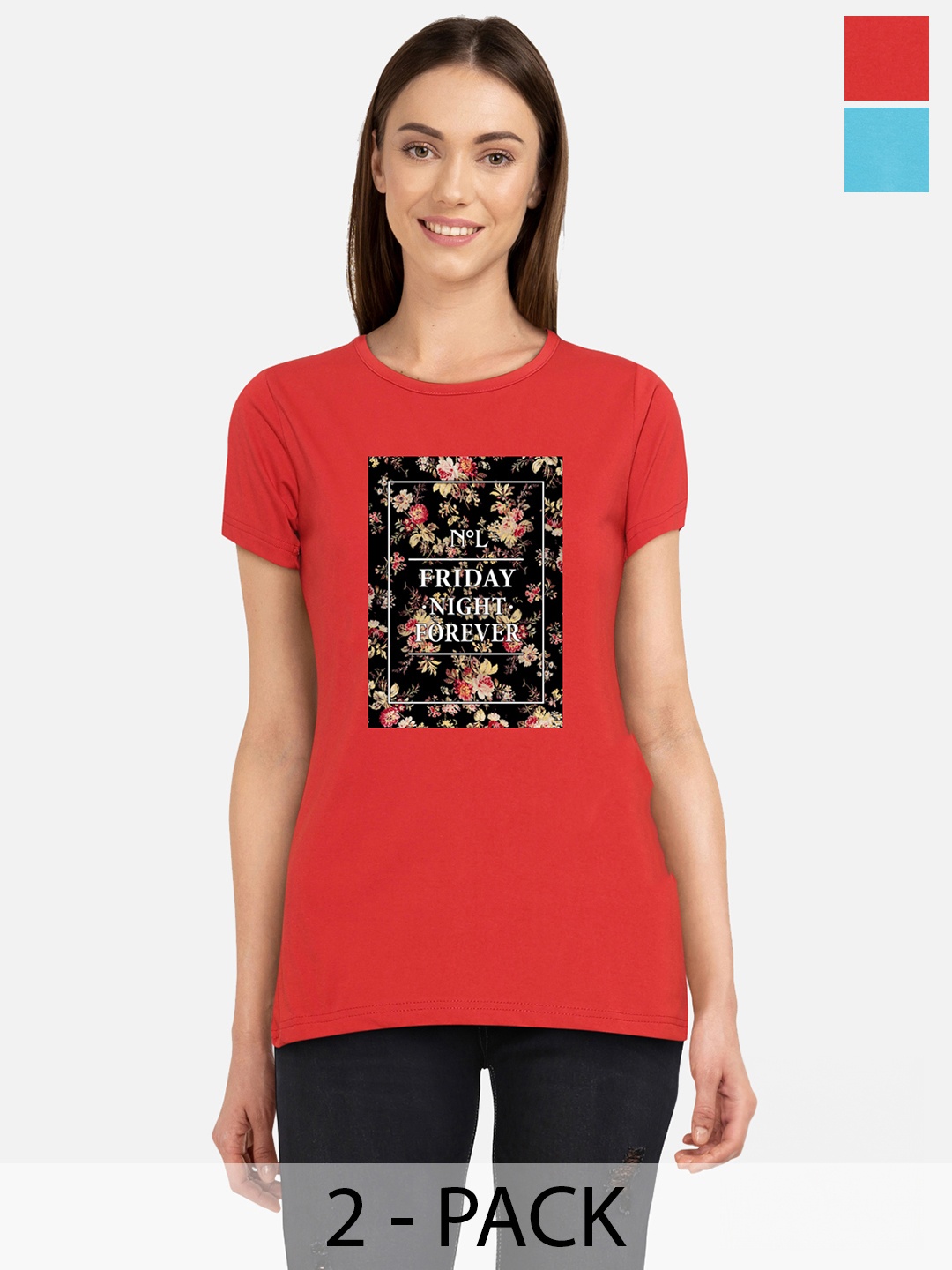 

CHOZI Pack Of 2 Graphic Printed Cotton T-shirt, Turquoise blue